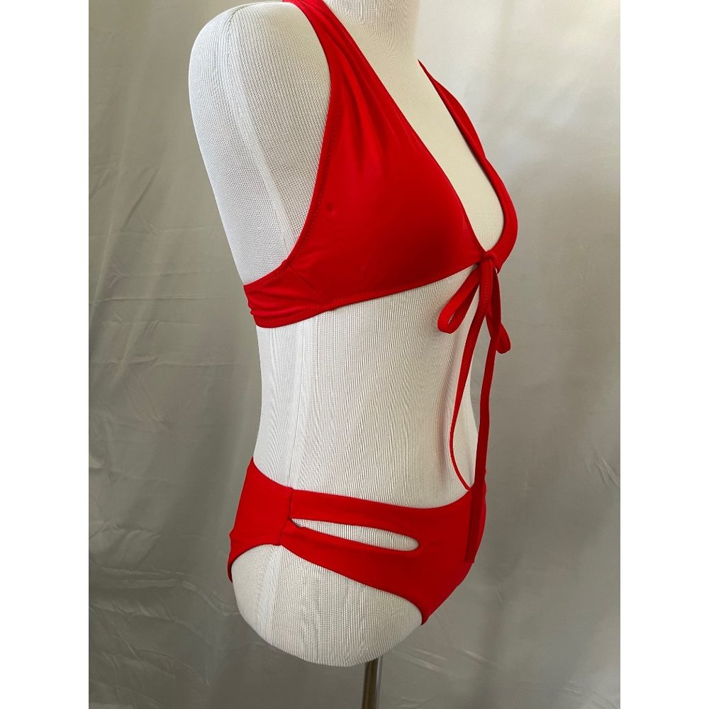 ZAFUL Red Tie Front Bikini Top w/ Matching Peek-a-Boo Racing Style Bikini Bottom - Picture 4 of 12